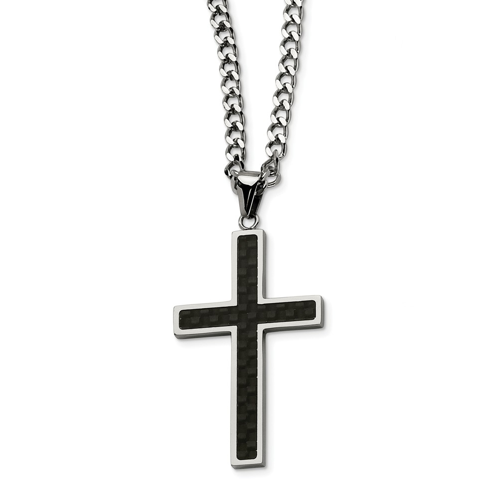 Srn118-24 Stainless Steel Polished With Black Carbon Fiber Cross 24 In. Necklace