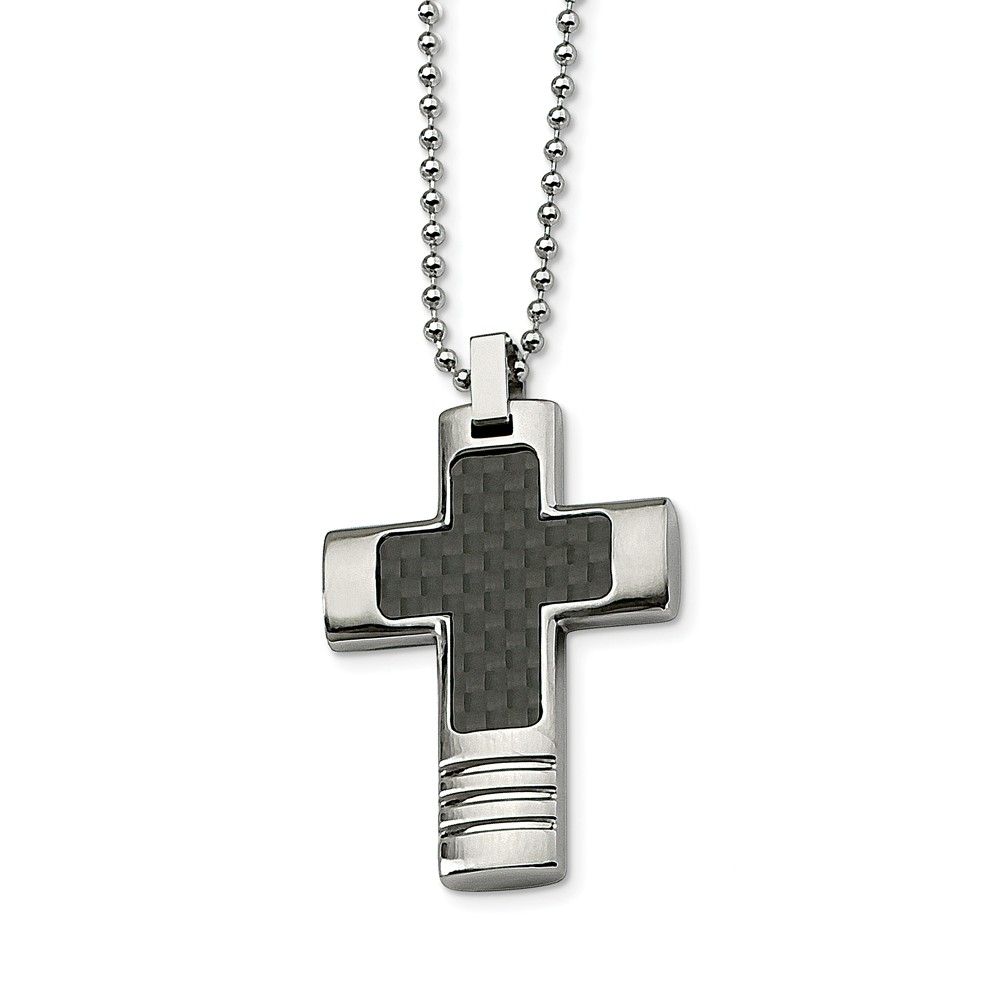 Srn119-22 Stainless Steel Brushed & Polished With Black Carbonfiber Inlay Cross Necklace - Size 22