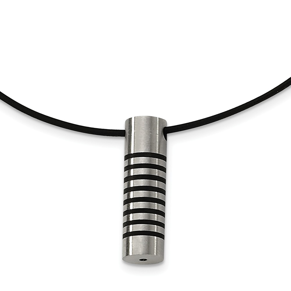 Srn190-18 Stainless Steel Black Rubber Accent Leather Cord Necklace - Size 18