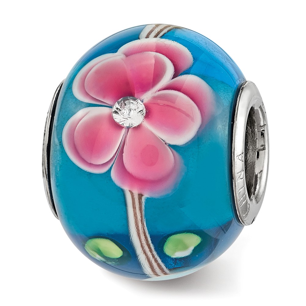 Sterling Silver Reflections Cz Blue & Pink Floral Blue Glass Bead