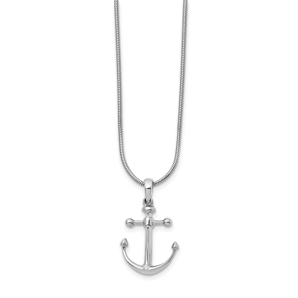 Sterling Silver Diamond Anchor Necklace - Size 18