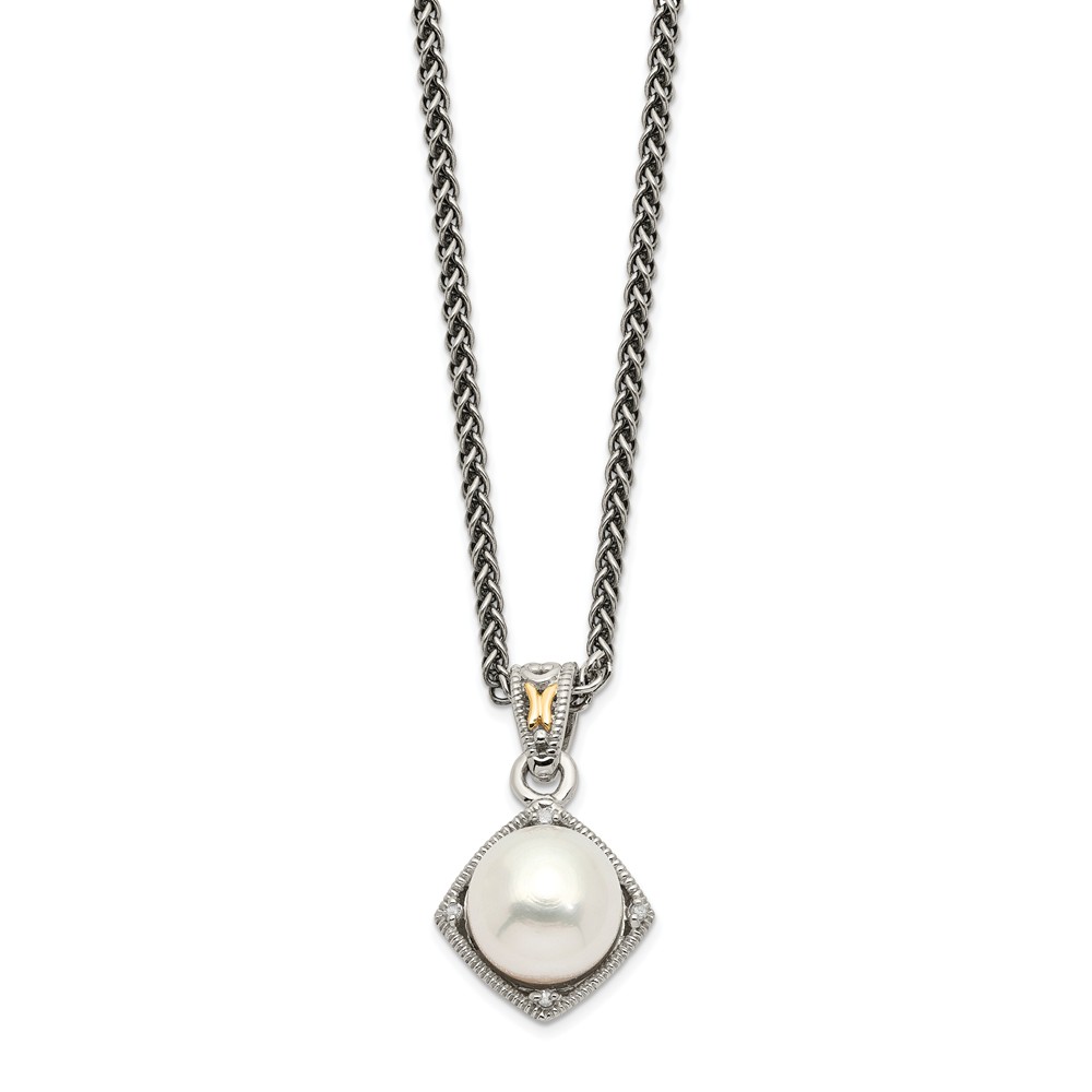 Qtc1042 Sterling Silver With 14k Gold Fw Cultured Pearl & Diamond Necklace
