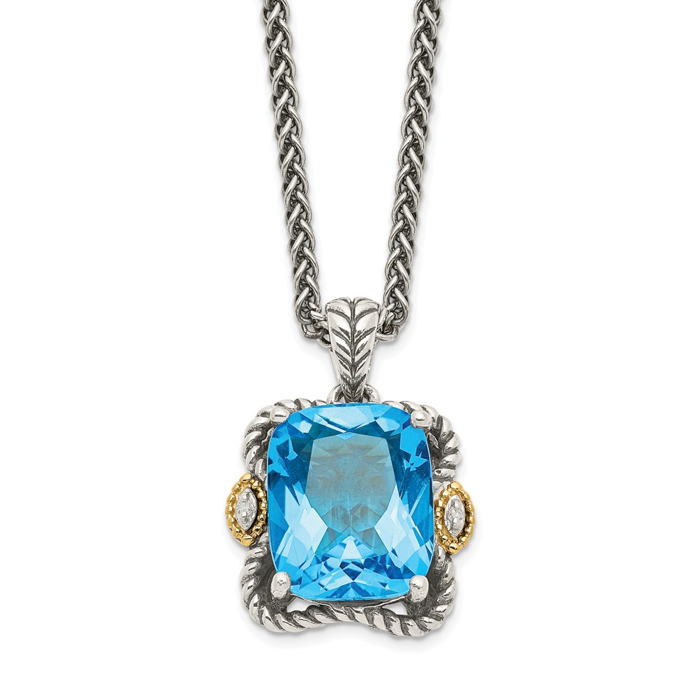Qtc1076 Sterling Silver With 14k Gold Antiqued Blue Topaz & Diamond Necklace