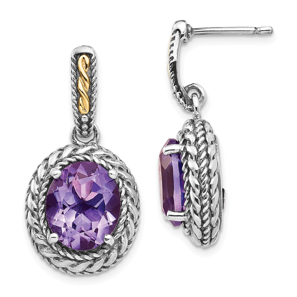 Qtc1009 Sterling Silver With 14k Gold Antiqued Amethyst Post Dangle Earrings