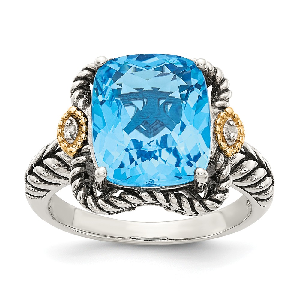 Qtc1139-6 Sterling Silver With 14k Gold Antiqued Light Swiss Blue Topaz & Diamond Ring - Size 6