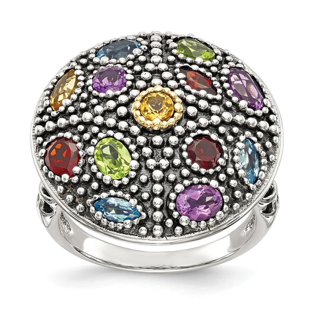 Qtc1156-6 Sterling Silver With 14k Gold Antiqued Multi Gemstone Ring - Size 6