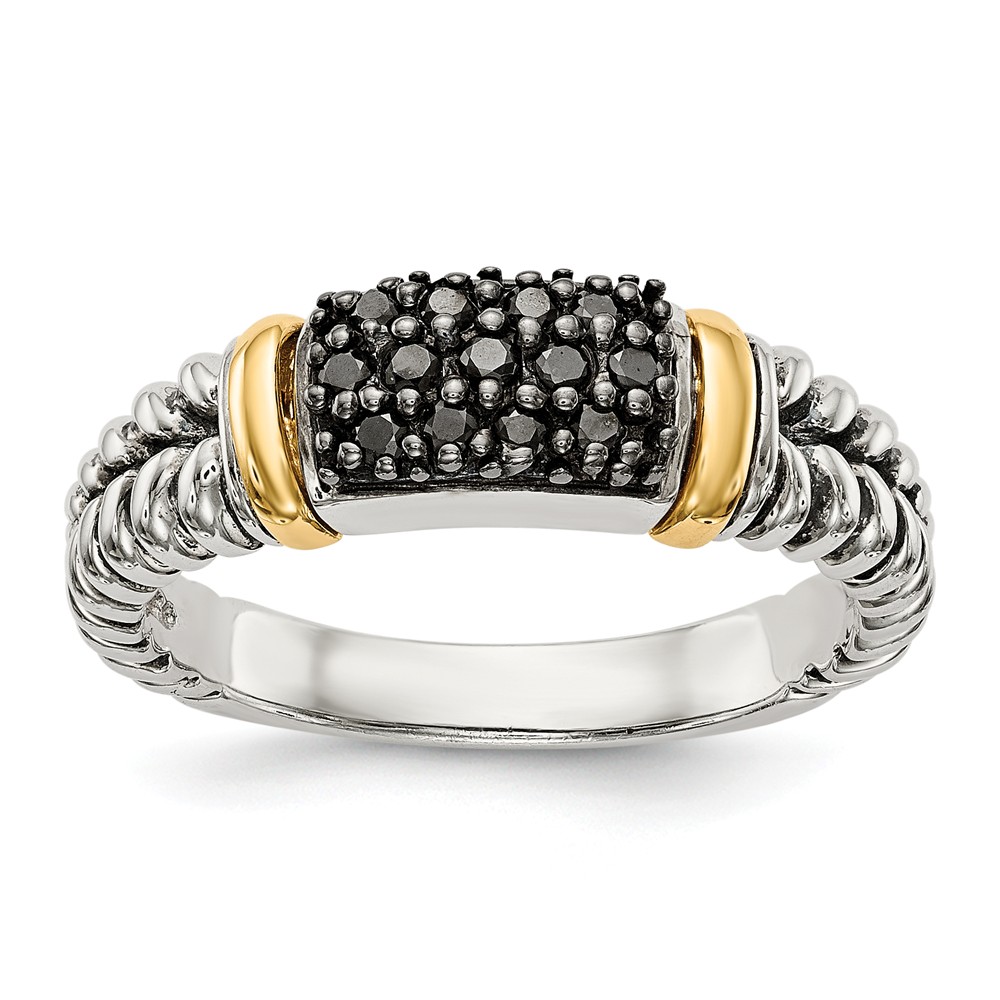 Qtc1159-7 Sterling Silver With 14k Gold Antiqued Black Diamond Ring - Size 7