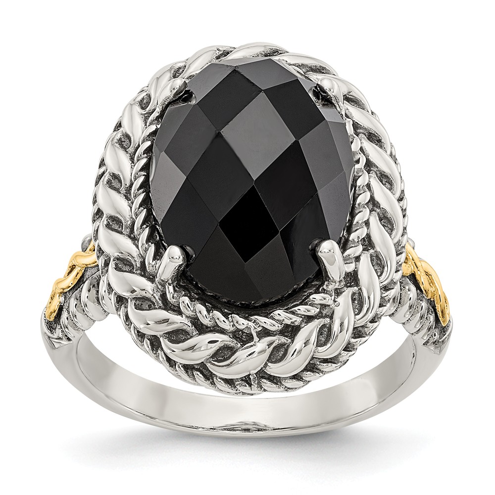 Qtc1151-7 Sterling Silver With 14k Gold Antiqued Onyx Ring - Size 7