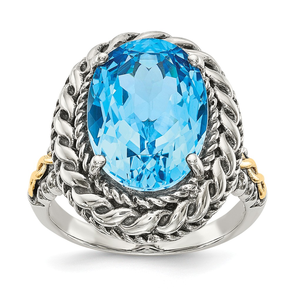 Qtc1149-7 Sterling Silver With 14k Gold Antiqued Blue Topaz Ring - Size 7