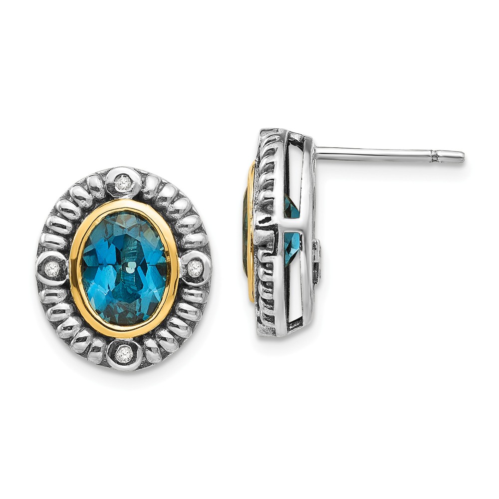 Qtc1359 Sterling Silver With 14k Gold London Blue Topaz With Diamond Post Earrings