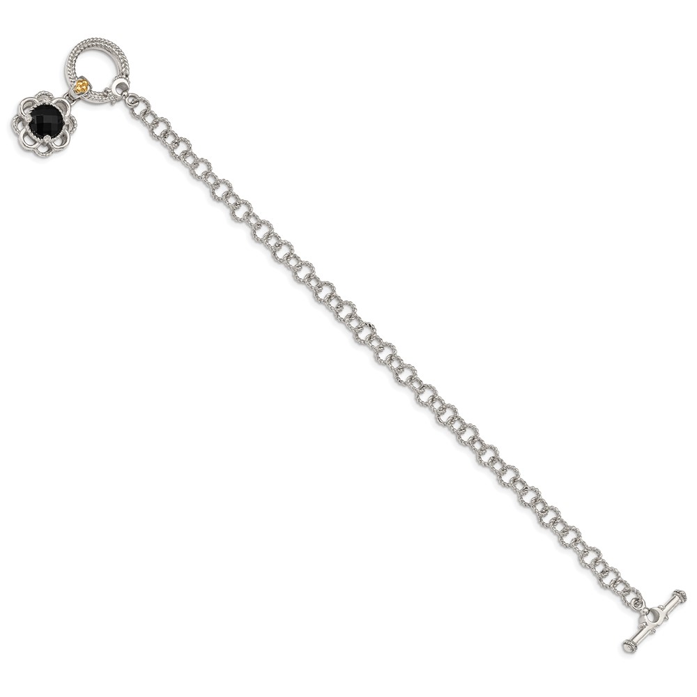 Picture of Finest Gold Sterling Silver Two-Tone with 14K Accent Onyx &amp; Diamond 7.5 in. Toggle Bracelet