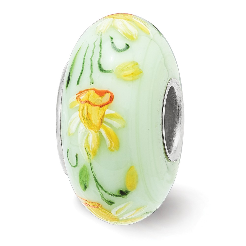 Qrs3913mar Sterling Silver Reflections Hand Painted Daffodils March Fenton Glass Bead