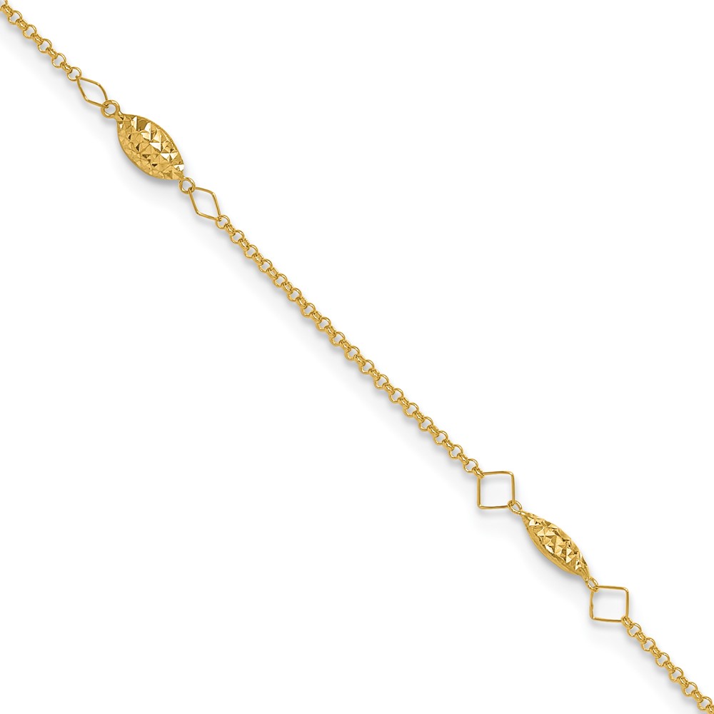 14K Yellow Gold Circle Chain Diamond-Cut Rice Puff Beads 9 in. Plus 1 in. Extension Anklet