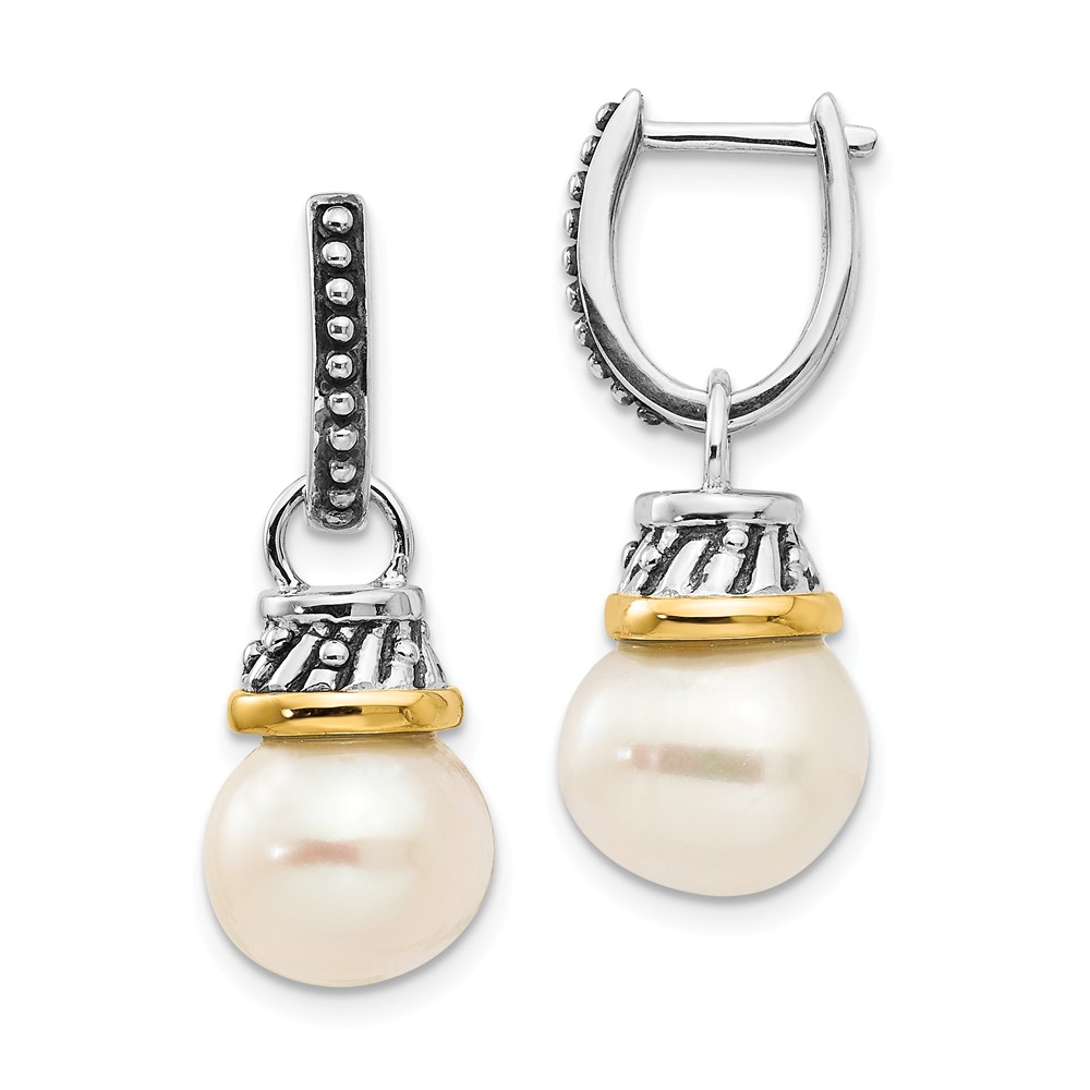 Qtc536 10 Mm Sterling Silver With 14k Gold Fw Cultured Pearl Dangle Earrings
