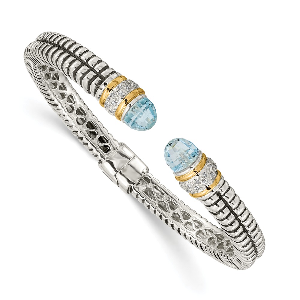 Qtc46 Sterling Silver With 14k Gold Sky Blue Topaz & Diamond Cuff Bracelet