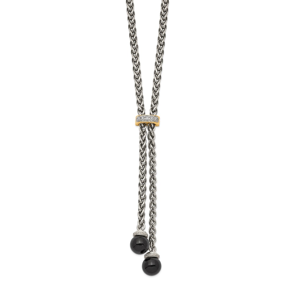 Qtc105 Sterling Silver With 14k Gold Onyx & Diamond Lariat Necklace