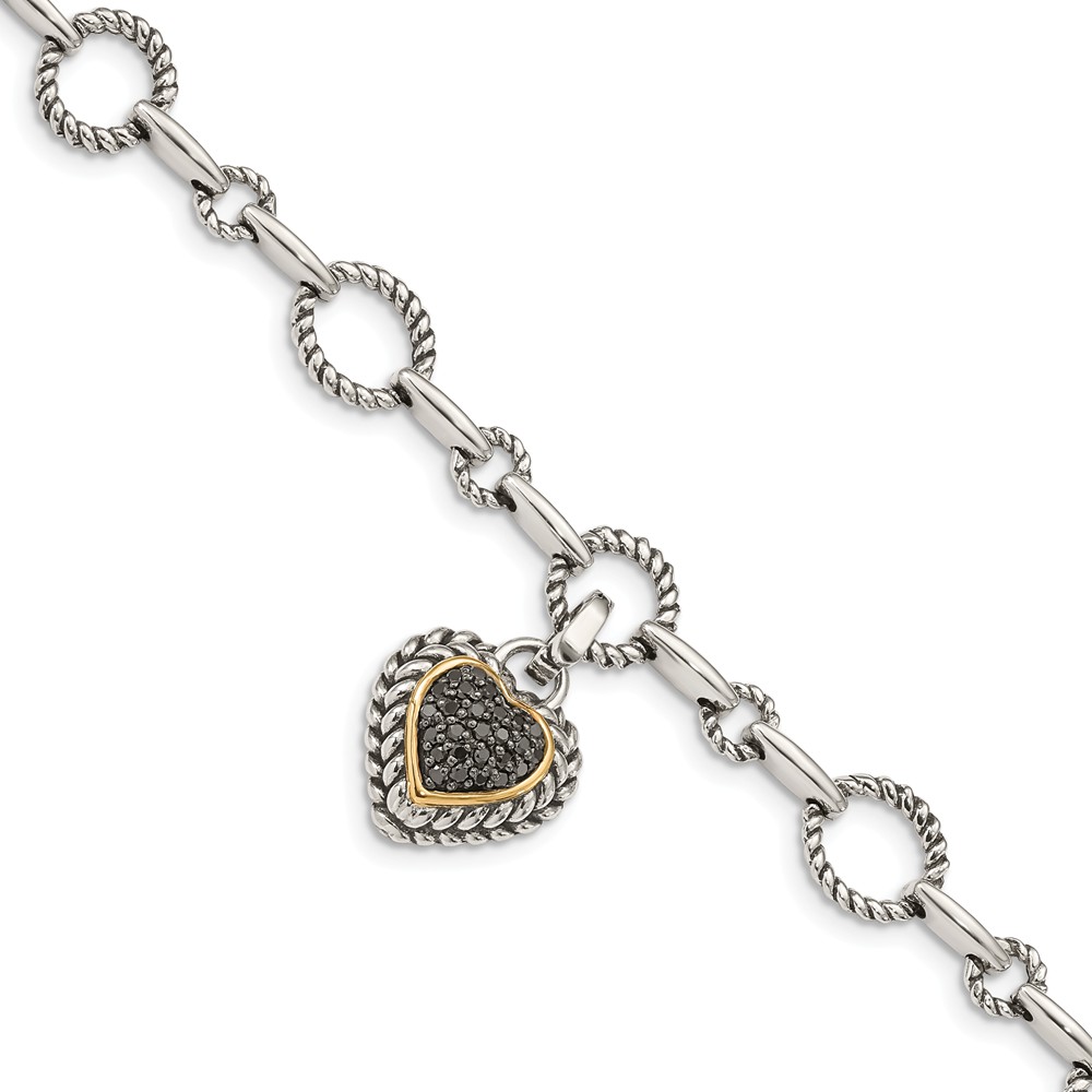 Qtc178 Sterling Silver With 14k Gold Black Stone Diamond Heart Link Bracelet