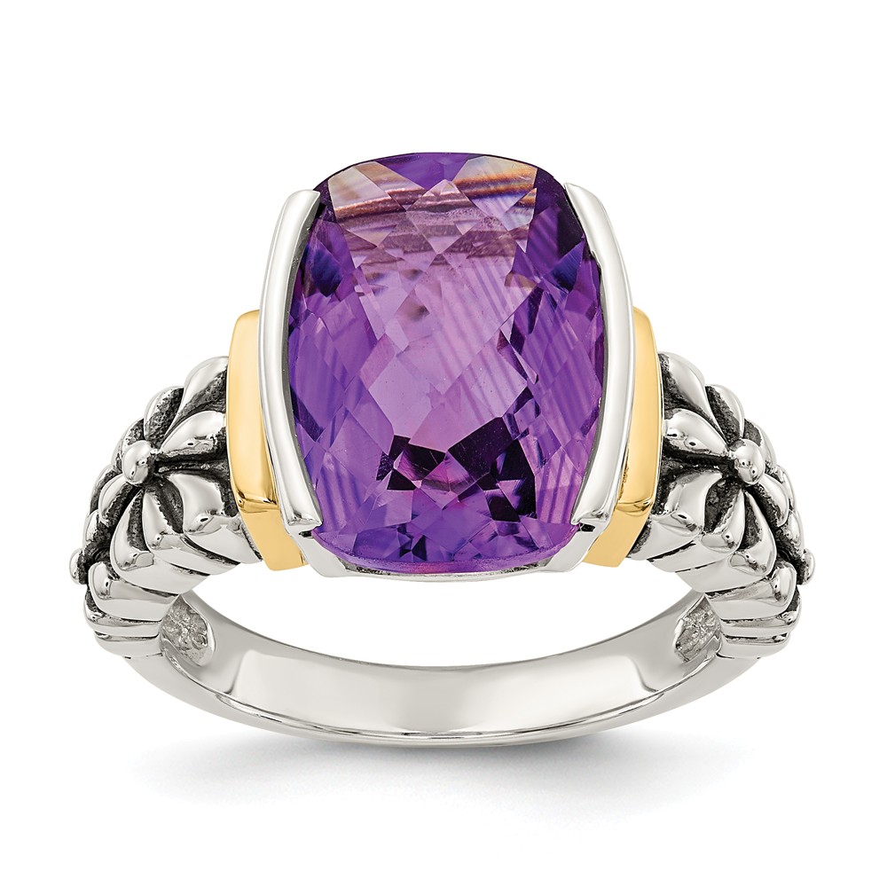 Qtc41-8 Sterling Silver With 14k Gold Amethyst Cushion-cut Ring, Size 8