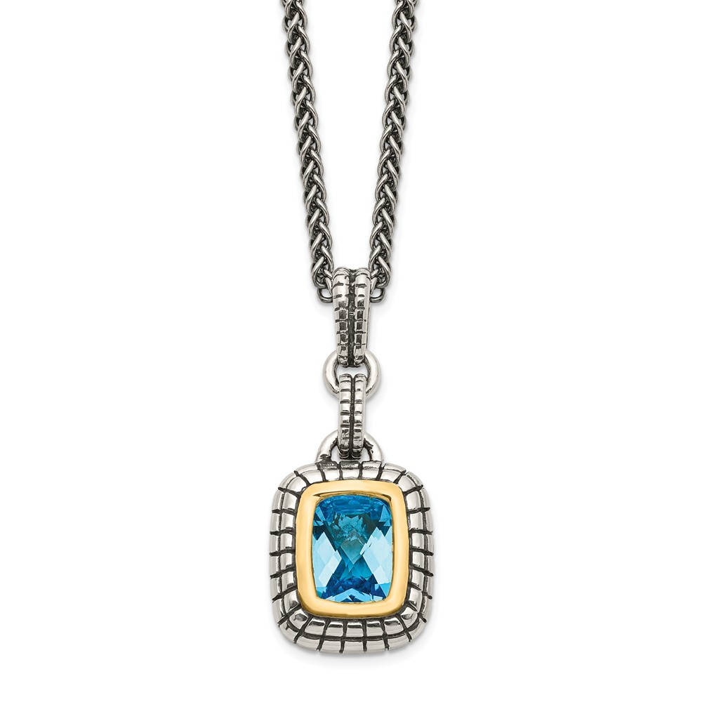 Qtc51 Sterling Silver With 14k Gold Swiss Blue Stone Topaz Necklace