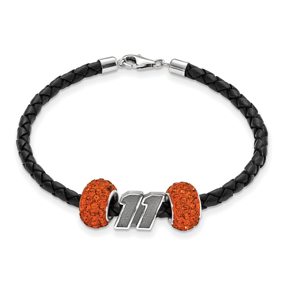 Nasbs02111 Number 11 Sterling Silver Leather Bracelet With Two Orange Crystal Bead