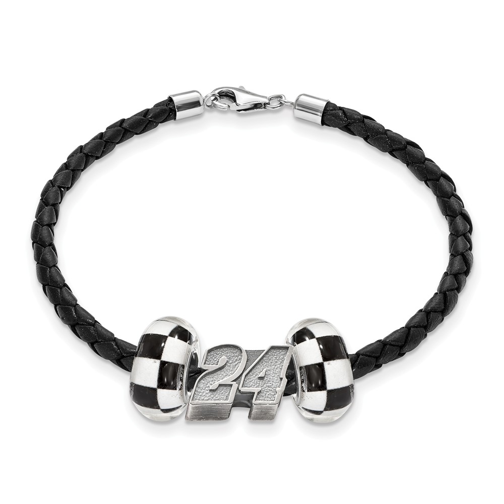 Nasbs02224 Number 24 Sterling Silver Leather Bracelet Two Crossed Flag Beads
