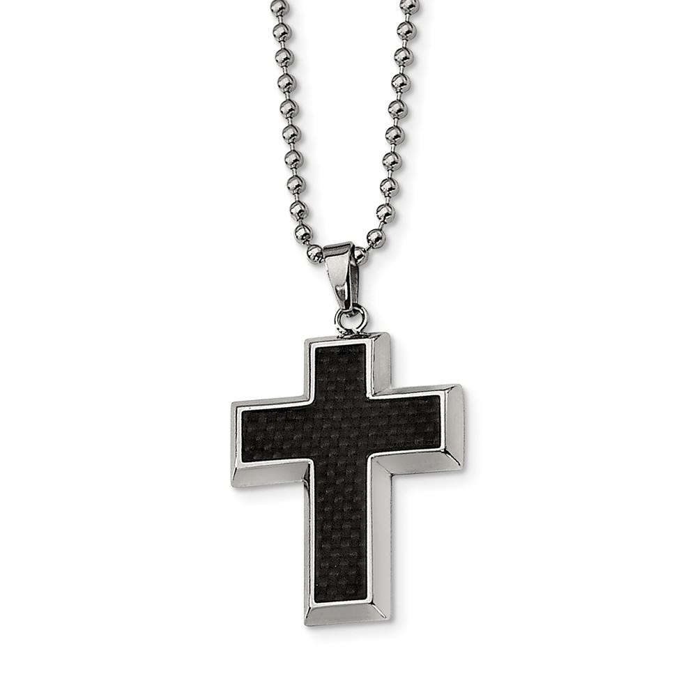 Srn112-22 22 In. Stainless Steel Polished With Carbon Fiber Inlay Cross Necklace, Size 22