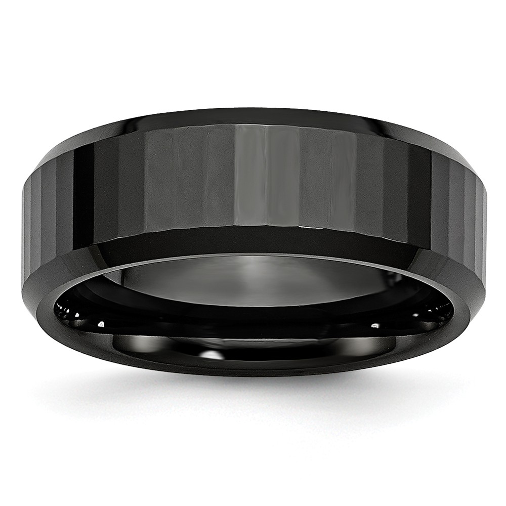 Cer10-9.5 8 Mm Ceramic Beveled Edge & Black Faceted Polished Band, Size 9.5