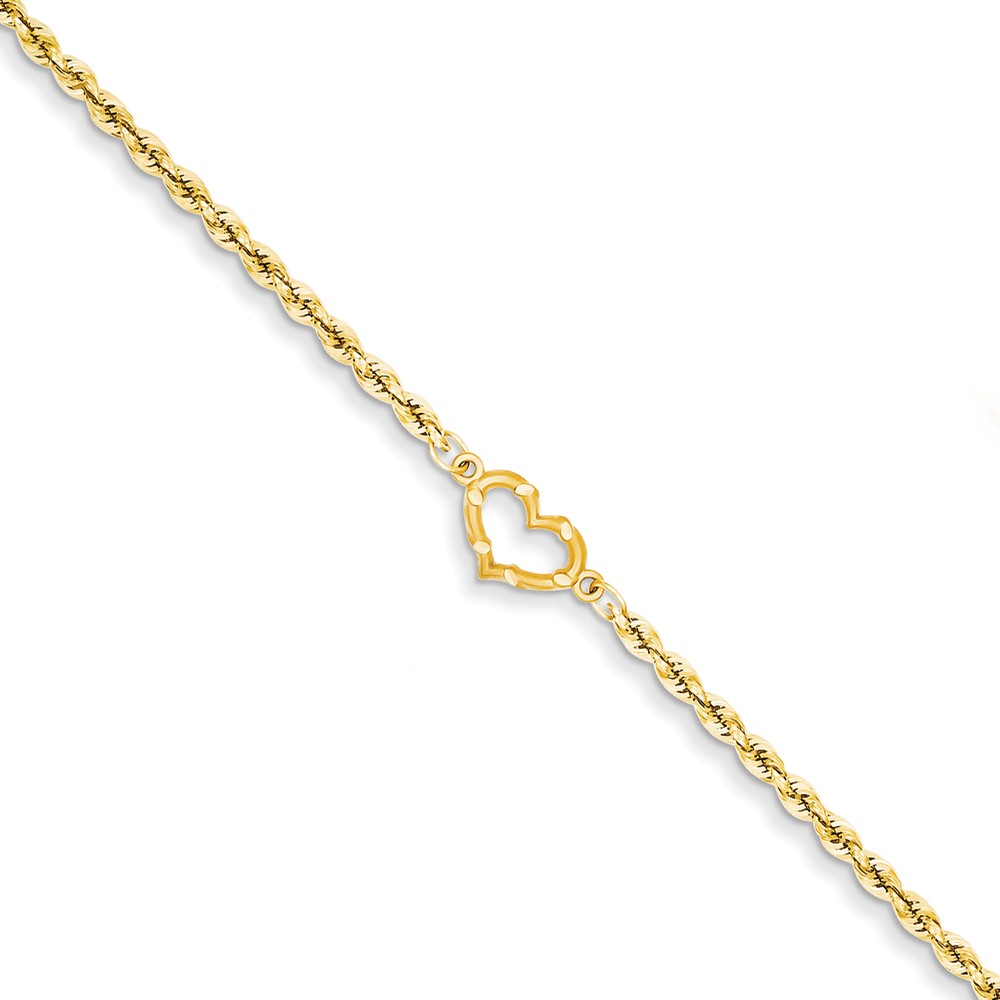 Ank154-10 7 Mm X 10 In. 14k Yellow Gold Satin & Diamond-cut Open Heart Rope Anklet