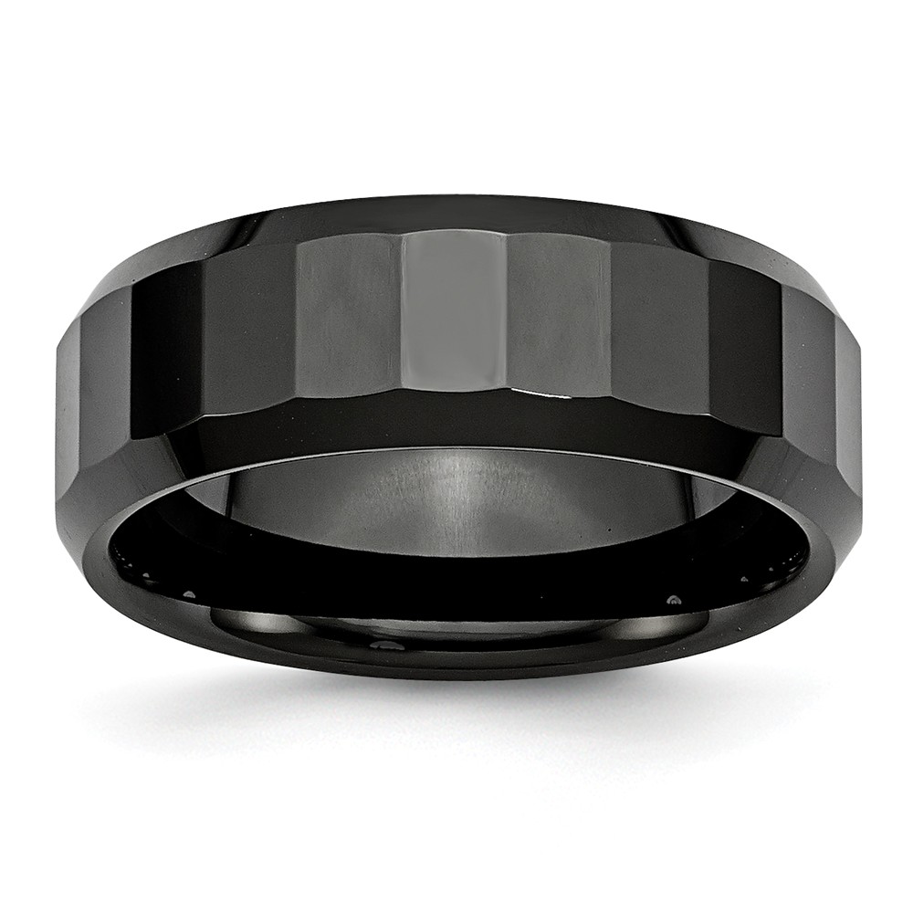 Cer15-6.5 8 Mm Ceramic Black Faceted Beveled Edge Polished Band, Size 6.5