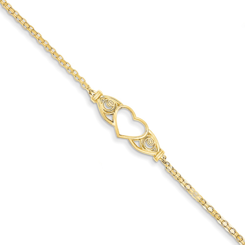 Ank118-10 8 Mm X 10 In. 14k Yellow Gold Polished Antiqued Heart Anklet