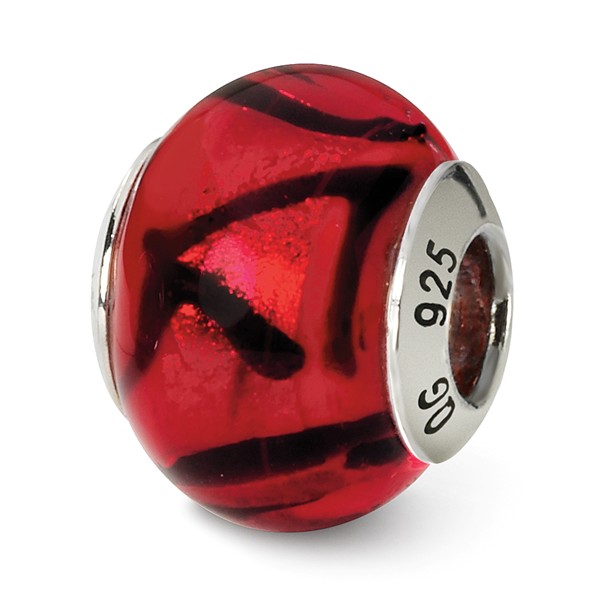 Qrs1532 Sterling Silver Red & Black Italian Murano Bead