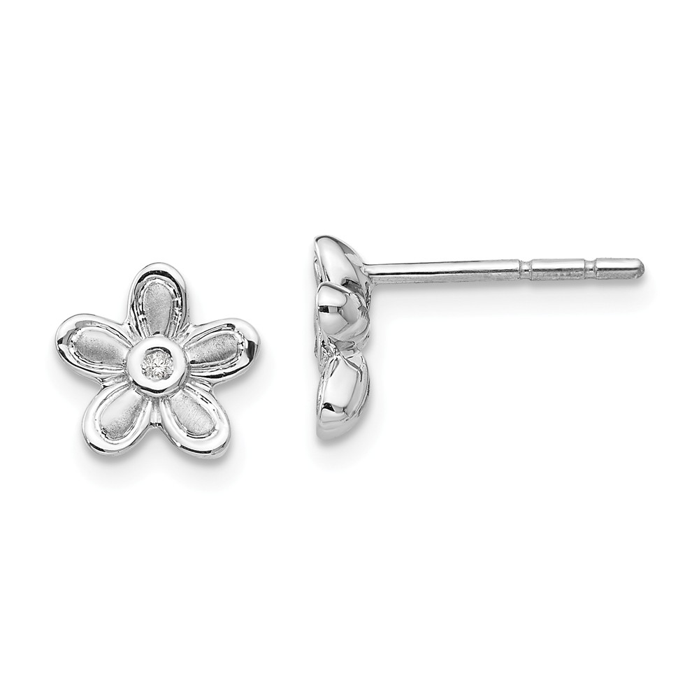 Qw176 Sterling Silver 0.02 Ct Matte Finish Diamond Flower Earrings, Polished