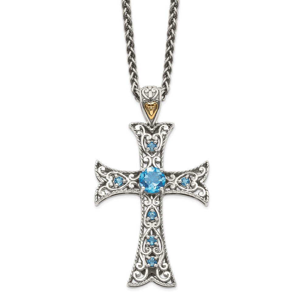 Qtc805 Sterling Silver With 14k Gold Blue Topaz Necklace, Polished
