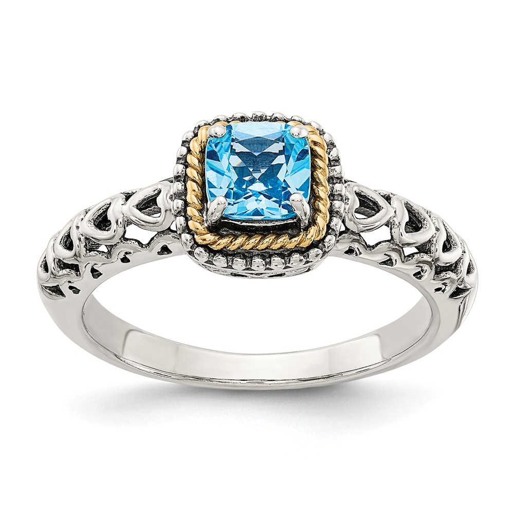 Qtc801-7 8 Mm Sterling Silver With 14k Gold Blue Topaz Ring, Antiqued - Size 7