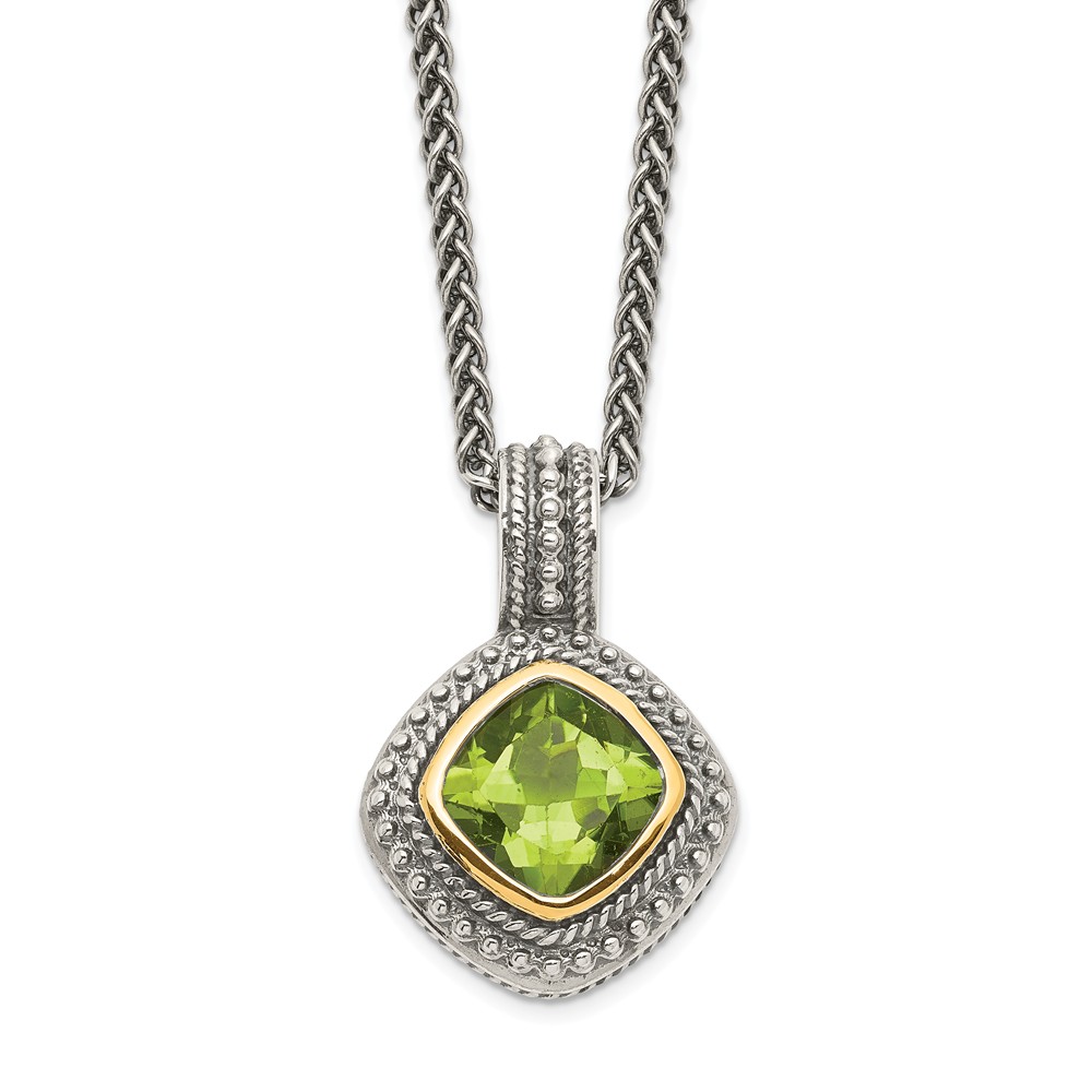 Qtc864 Sterling Silver With 14k Gold Peridot Necklace, Antiqued