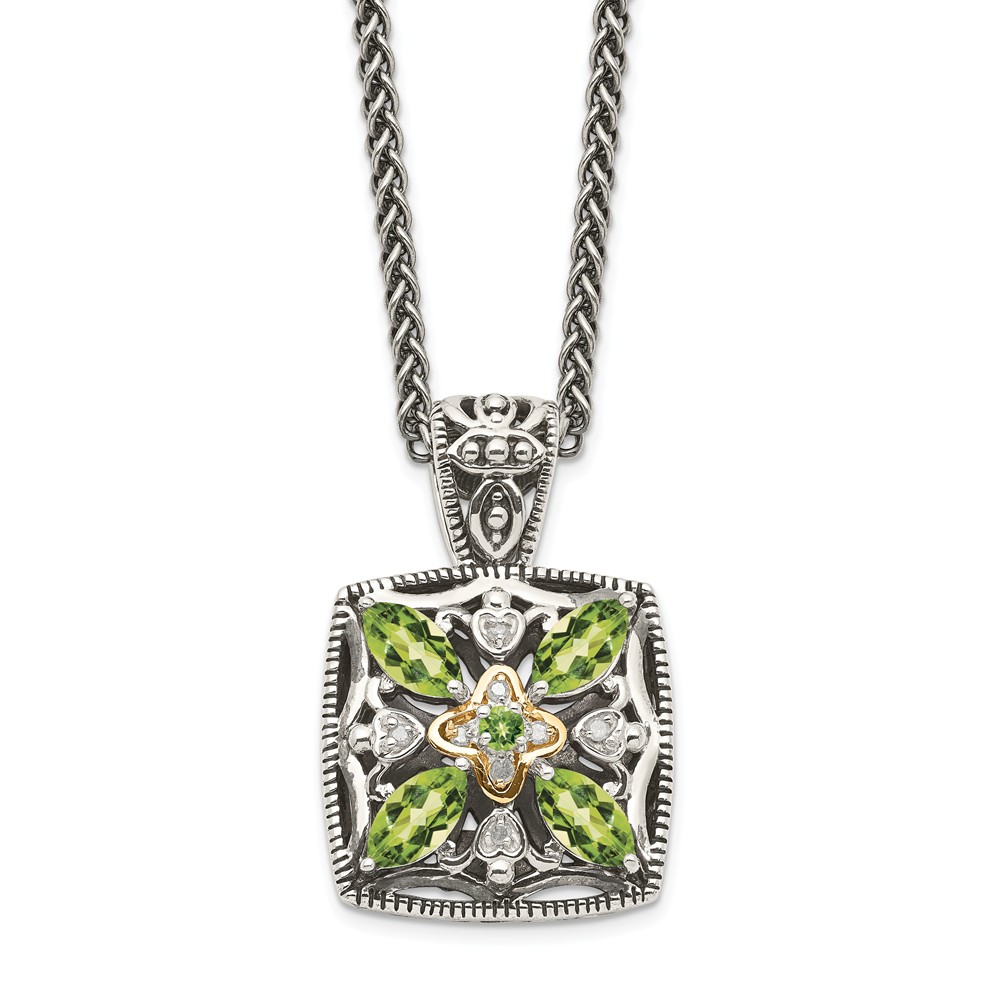 Qtc872 Sterling Silver With 14k Gold Diamond & Peridot Necklace, Antiqued
