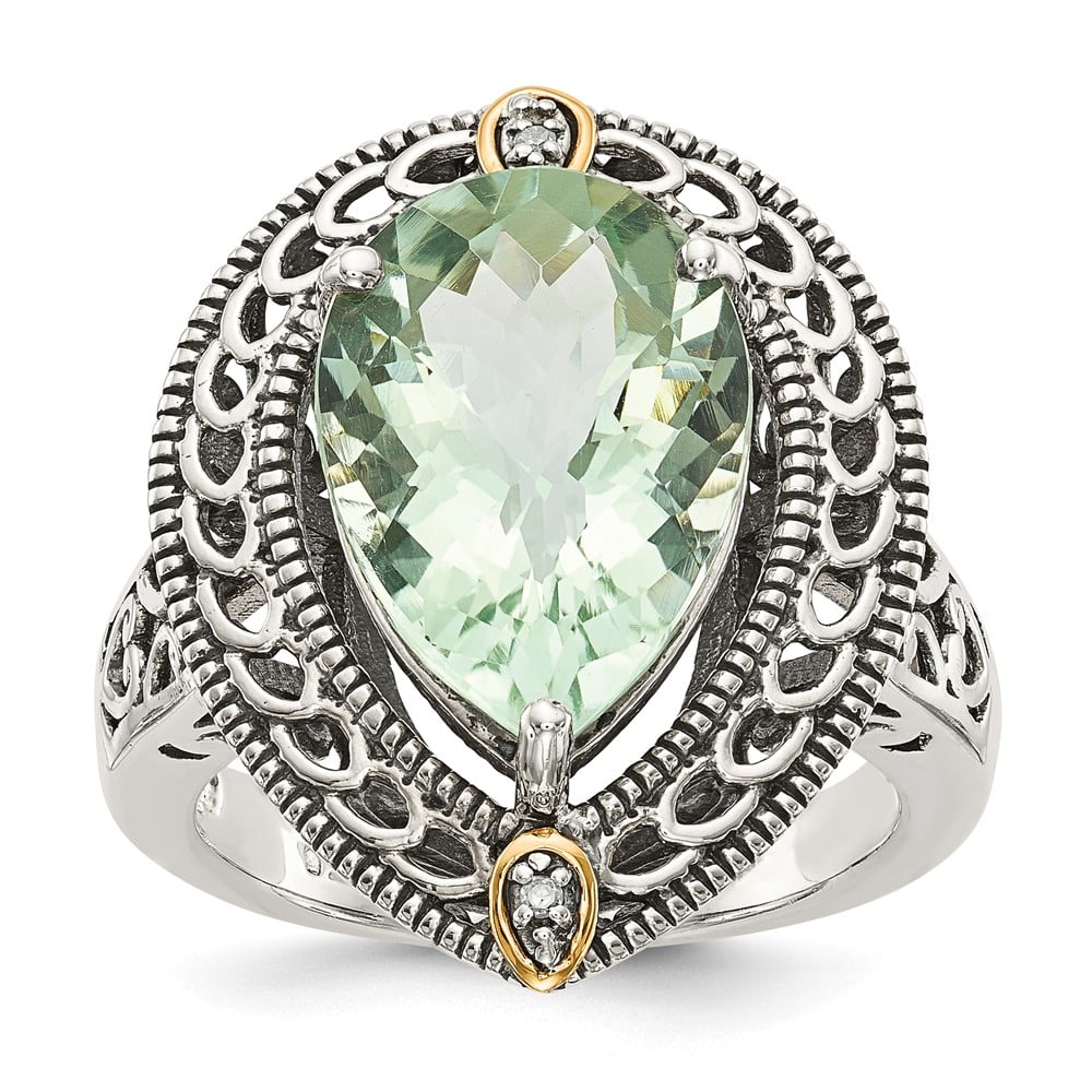 Qtc884-6 Sterling Silver With 14k Gold Diamond & Green Quartz Ring, Antiqued - Size 6