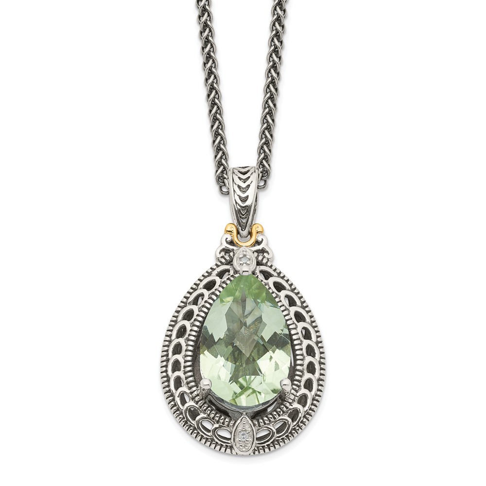 Qtc887 Sterling Silver With 14k Gold Diamond & Green Quartz Necklace, Antiqued