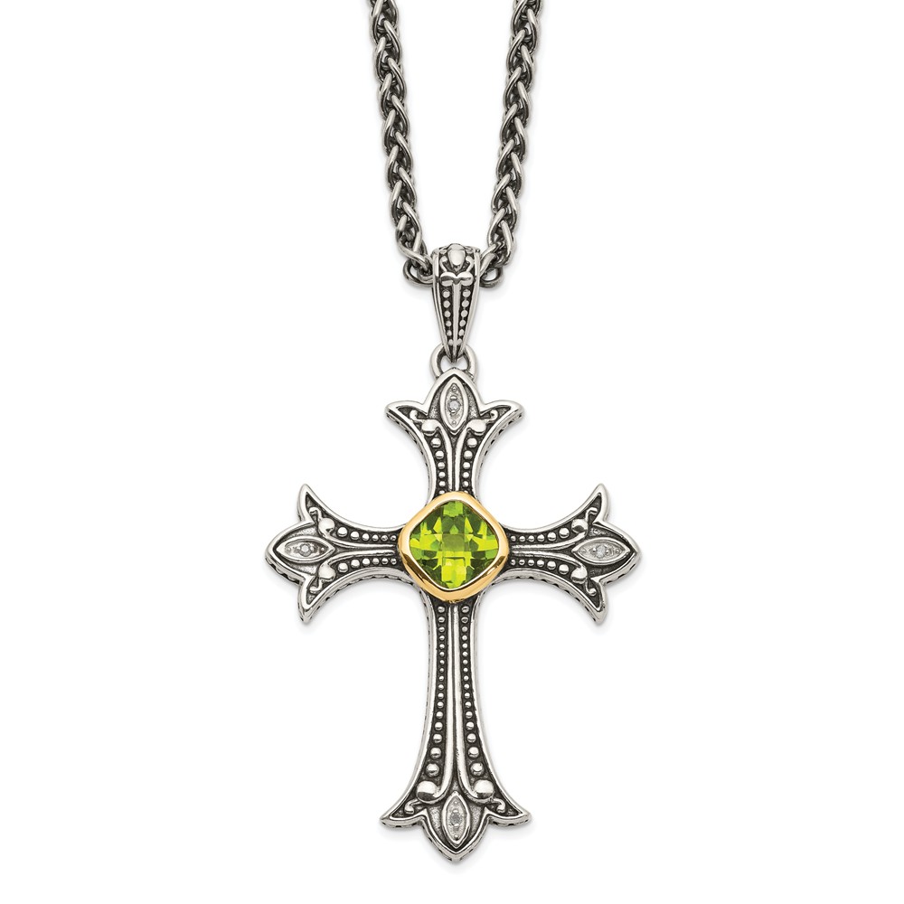 Qtc869 Sterling Silver With 14k Gold Diamond & Peridot Necklace - Antiqued