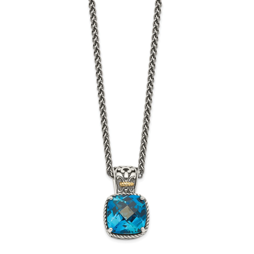 Qtc1343 Sterling Silver With 14k Gold London Blue Topaz Necklace - Antiqued