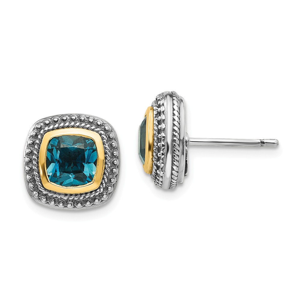 Qtc1350 12 Mm Sterling Silver With 14k Gold London Blue Topaz Post Earrings, Antiqued