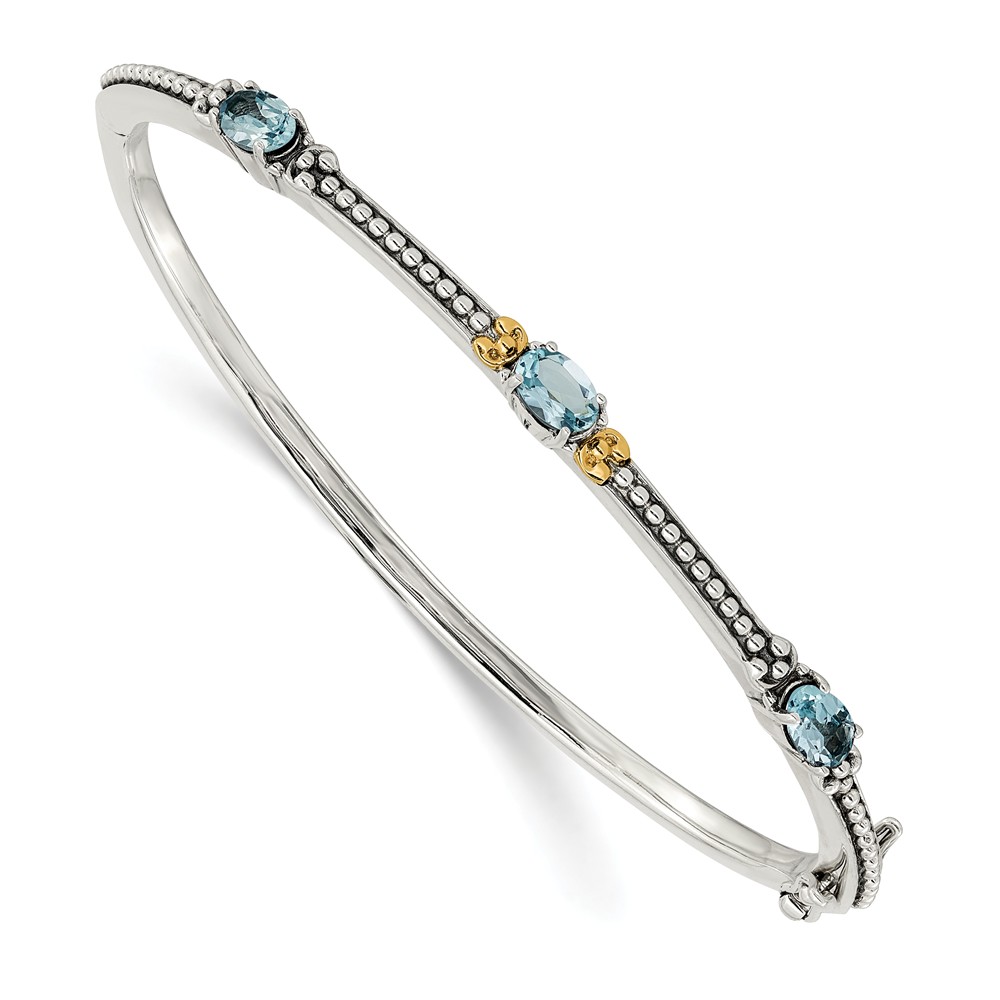 Qtc1333 Sterling Silver With 14k Gold Y Sky Blue Topaz Bangle, Antiqued