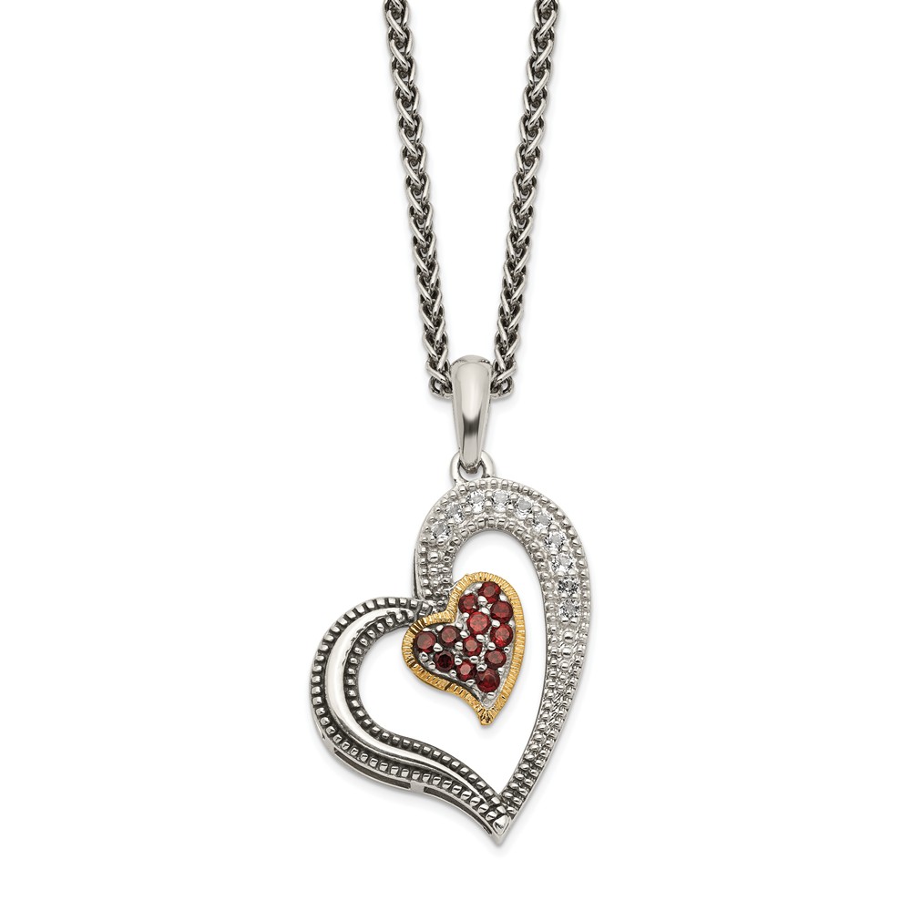 Qtc1408 Sterling Silver With 14k Gold Garnet & White Topaz Heart Necklace, Antiqued