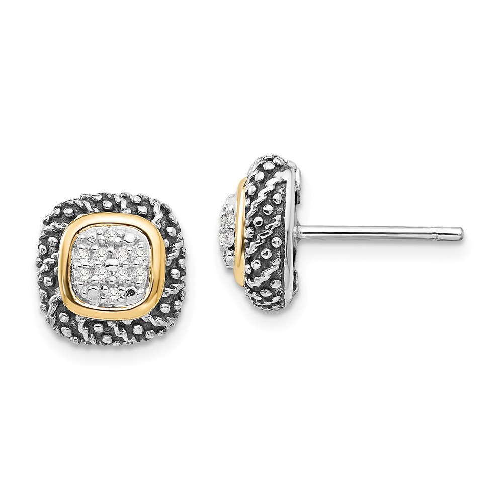 Qtc1188 Sterling Silver With 14k Gold Diamond Post Earrings, Antiqued