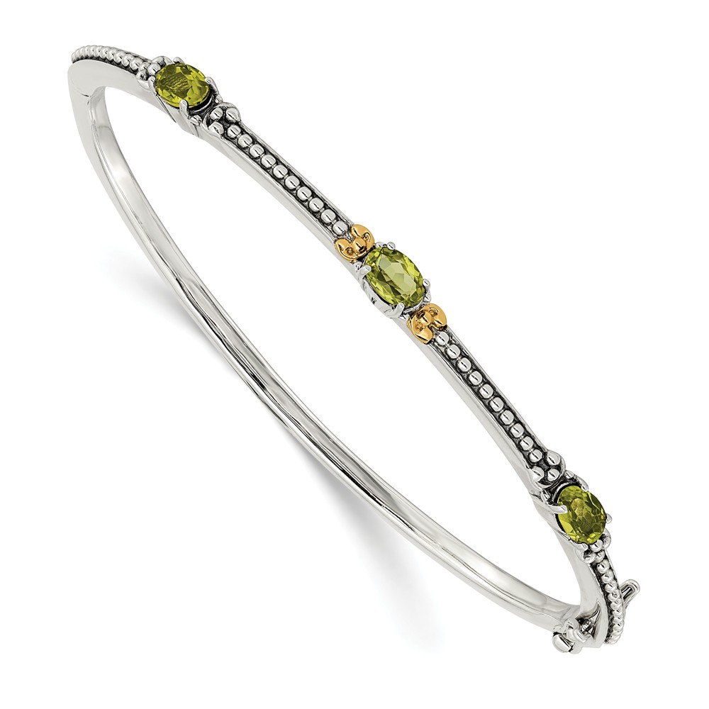 Qtc1214 Sterling Silver With 14k Gold Y Peridot Bangle, Antiqued