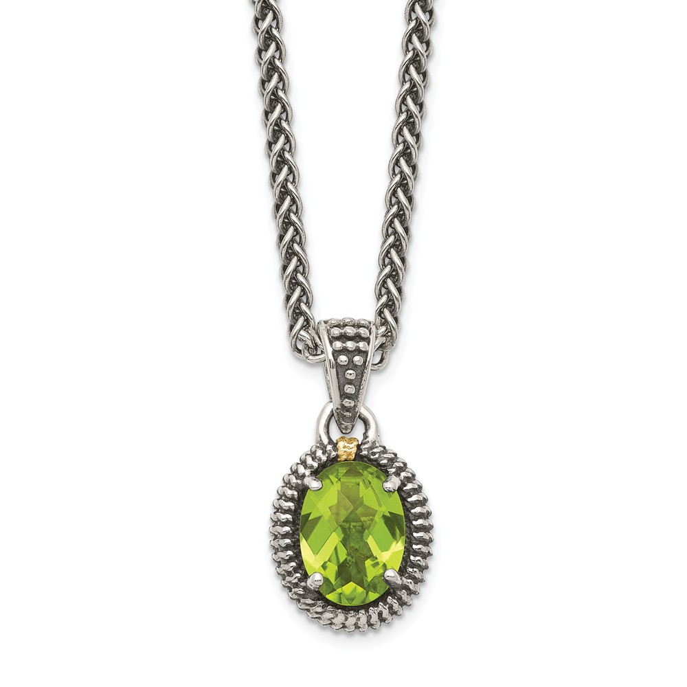 Qtc1467 Sterling Silver With 14k Gold Y Peridot Oval Necklace, Antiqued