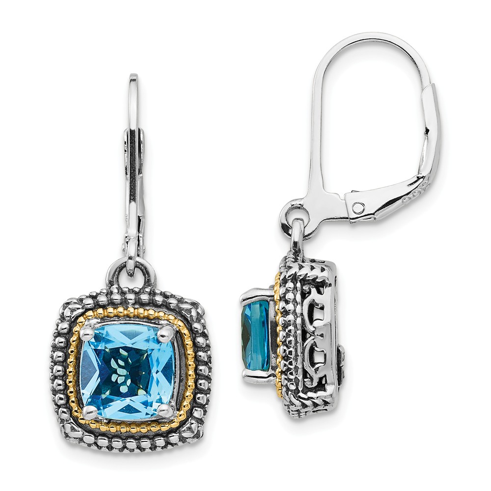 Qtc1327 Sterling Silver With 14k Gold Lt Swiss Blue Topaz Leverback Earrings, Antiqued