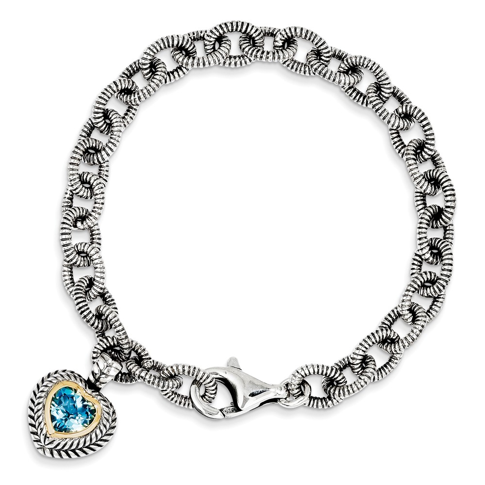 Qtc395 Sterling Silver With 14k Yellow Gold Swiss Blue Topaz Heart Bracelet - Antiqued & Polished