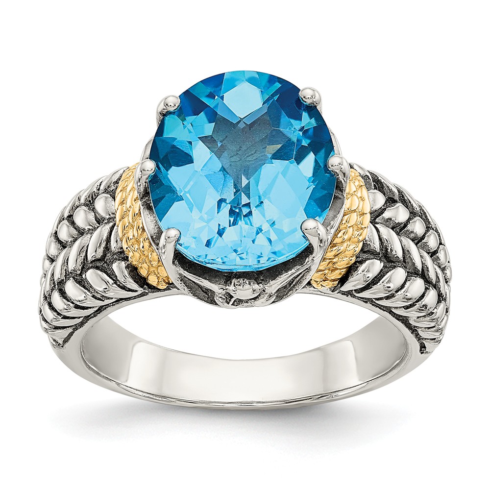 Qtc211-8 Sterling Silver With 14k Yellow Gold Antiqued & Polished Swiss Blue Topaz Ring, Size 8