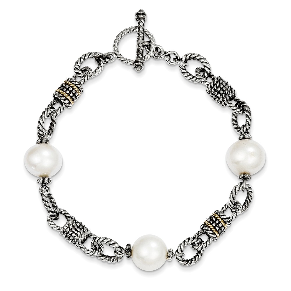 Qtc424 Sterling Silver With 14k Yellow Gold Fw Cultured Pearl Bracelet - Antiqued & Polished
